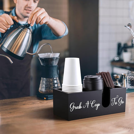 Wood Coffee Cup Straw Holder 3-Compartment for Kitchen Café Countertop Storage