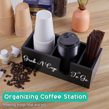 Wood Coffee Cup Straw Holder 3-Compartment for Kitchen Café Countertop Storage