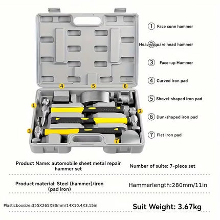 7PCS Automotive Body Repair Hammer Kit Handle Chisel Mallet Dent Remove Tool
