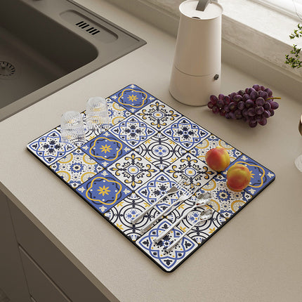 Kitchen Drain Mat Absorbent Polyester Non-Slip Back Tile Pattern