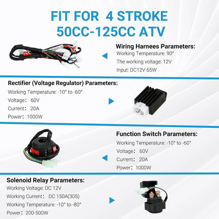 50–110CC 4 Stroke ATV Motorcycle Wiring Harness Kit CDI Ignition System Non GY6