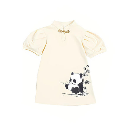 Short Sleeve Panda Print Dress Summer Outfit with Mandarin Collar for Girls