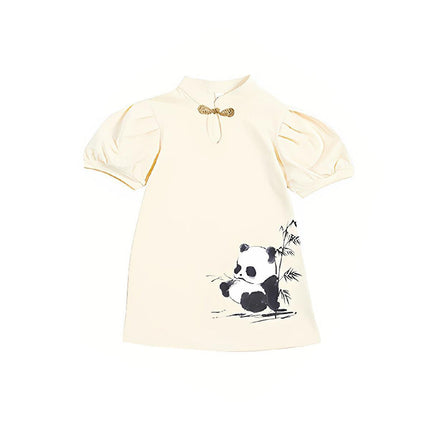 Short Sleeve Panda Print Dress Summer Outfit with Mandarin Collar for Girls