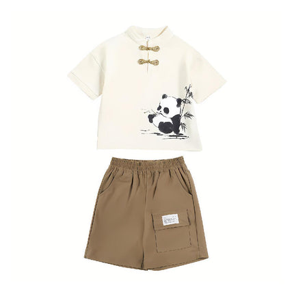 Boys Short Sleeve Panda Print Summer Cotton Outfit Casual Two Piece Set