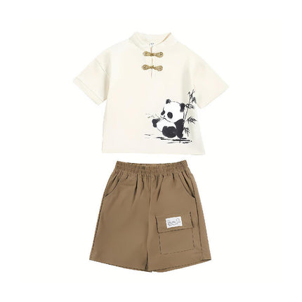 Boys Short Sleeve Panda Print Summer Cotton Outfit Casual Two Piece Set