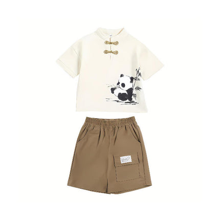 Boys Short Sleeve Panda Print Summer Cotton Outfit Casual Two Piece Set