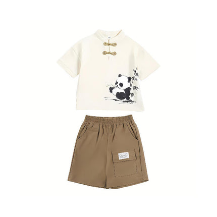 Boys Short Sleeve Panda Print Summer Cotton Outfit Casual Two Piece Set