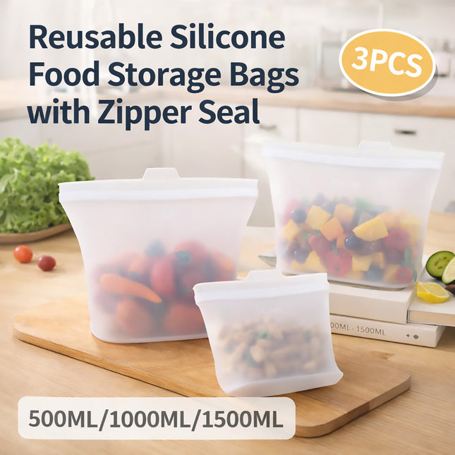 3Pcs Food-Grade Silicone Storage Bags With Zip Seal Reusable Freezer Pouch Use