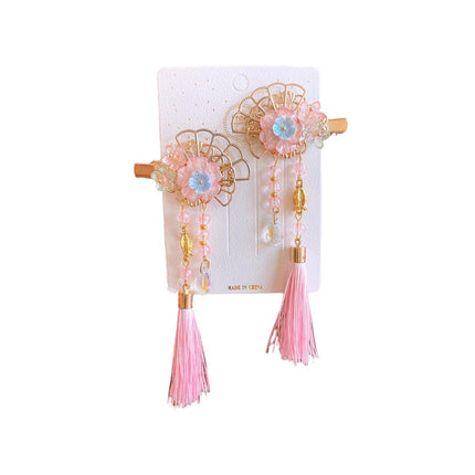 2Pcs Hanfu Flower Hair Clip Pearl Tassel Butterfly Hairpin Female/Children Party - Aimall