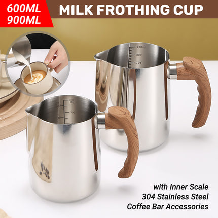 Milk Frothing Pitcher Stainless Steel 600ml/900ml with Wooden Handle Inner Scale