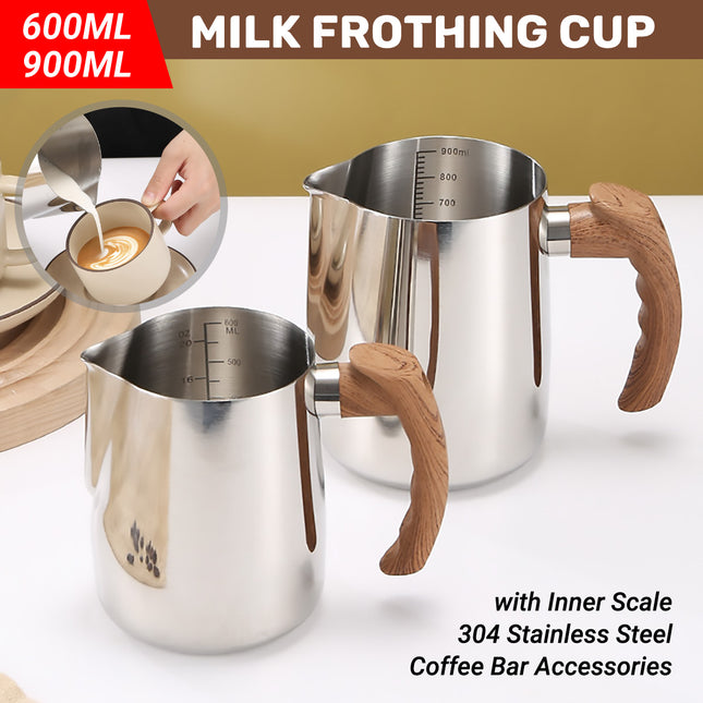 Milk Frothing Pitcher Stainless Steel 600ml/900ml with Wooden Handle Inner Scale