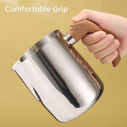 Milk Frothing Pitcher Stainless Steel 600ml/900ml with Wooden Handle Inner Scale