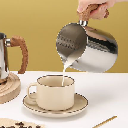 Milk Frothing Pitcher Stainless Steel 600ml/900ml with Wooden Handle Inner Scale
