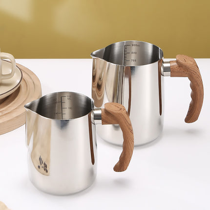Milk Frothing Pitcher Stainless Steel 600ml/900ml with Wooden Handle Inner Scale
