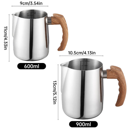 Milk Frothing Pitcher Stainless Steel 600ml/900ml with Wooden Handle Inner Scale