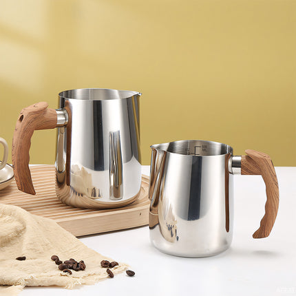 Milk Frothing Pitcher Stainless Steel 600ml/900ml with Wooden Handle Inner Scale