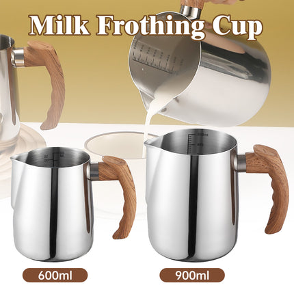 Milk Frothing Pitcher Stainless Steel 600ml/900ml with Wooden Handle Inner Scale