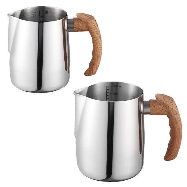 Milk Frothing Pitcher Stainless Steel 600ml/900ml with Wooden Handle Inner Scale
