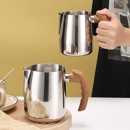 Milk Frothing Pitcher Stainless Steel 600ml/900ml with Wooden Handle Inner Scale