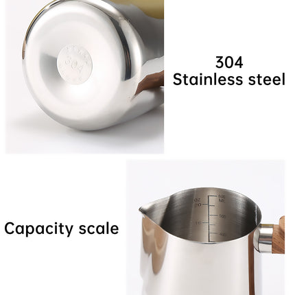 Milk Frothing Pitcher Stainless Steel 600ml/900ml with Wooden Handle Inner Scale