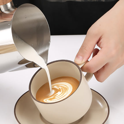 Milk Frothing Pitcher Stainless Steel 600ml/900ml with Wooden Handle Inner Scale