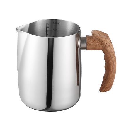 Milk Frothing Pitcher Stainless Steel 600ml/900ml with Wooden Handle Inner Scale