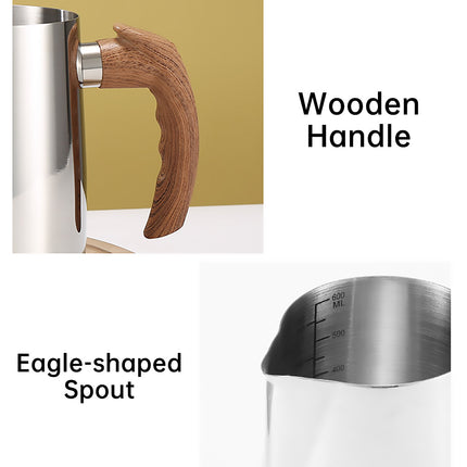 Milk Frothing Pitcher Stainless Steel 600ml/900ml with Wooden Handle Inner Scale