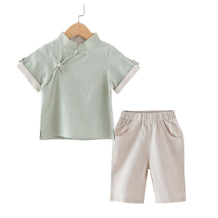 Boys Chinese Traditional Hanfu Outfit Summer Cotton Linen Set Tang Suit