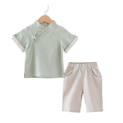 Boys Chinese Traditional Hanfu Outfit Summer Cotton Linen Set Tang Suit