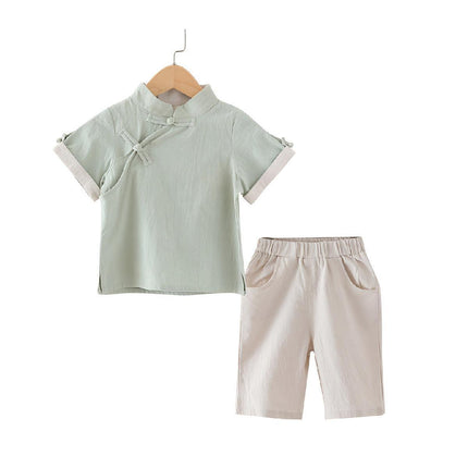 Boys Chinese Traditional Hanfu Outfit Summer Cotton Linen Set Tang Suit