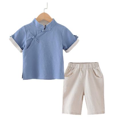 Boys Chinese Traditional Hanfu Outfit Summer Cotton Linen Set Tang Suit
