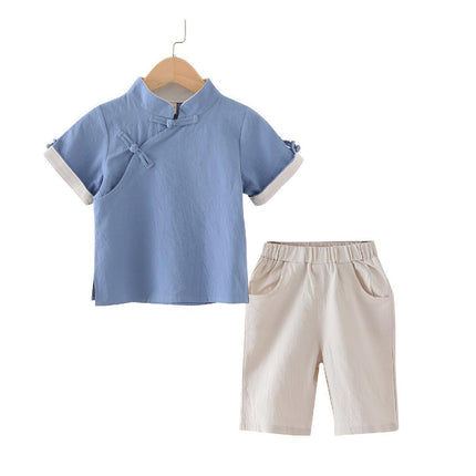 Boys Chinese Traditional Hanfu Outfit Summer Cotton Linen Set Tang Suit
