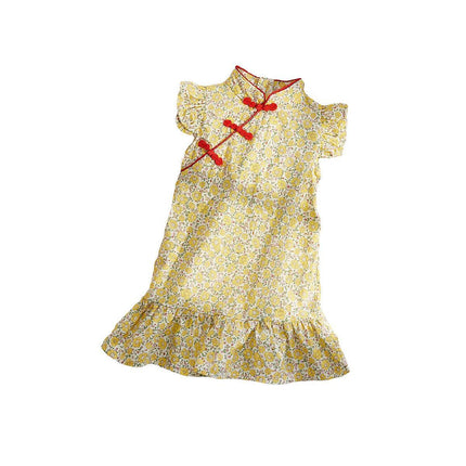Girls Cheongsam Skirt Floral Dress Traditional Chinese Style Summer Outfit