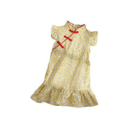 Girls Cheongsam Skirt Floral Dress Traditional Chinese Style Summer Outfit