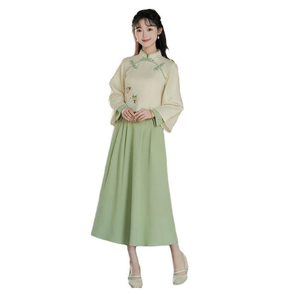 New Chinese Embroidery Green Hanfu Two-Piece Set Autumn Winter Coil Buckle Daily