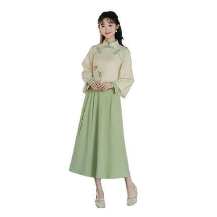 New Chinese Embroidery Green Hanfu Two-Piece Set Autumn Winter Coil Buckle Daily