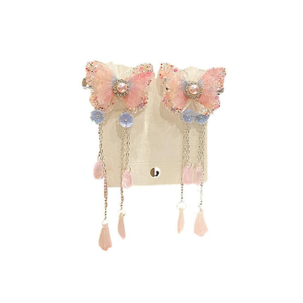 2Pcs Hanfu Flower Hair Clip Pearl Tassel Butterfly Hairpin Female/Children Party - Aimall