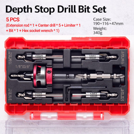 5Pcs Depth Stop Drill Bit Set Adjustable Limit Stop Kit Wood Metal Carpentry