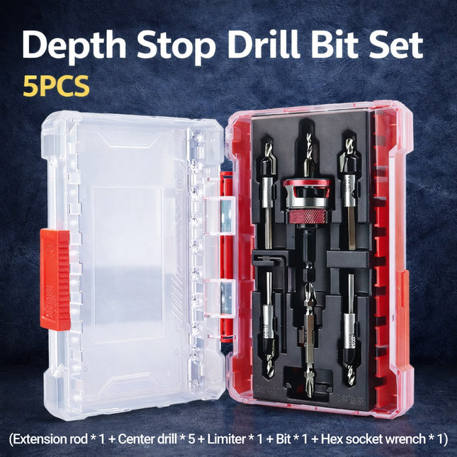 5Pcs Depth Stop Drill Bit Set Adjustable Limit Stop Kit Wood Metal Carpentry