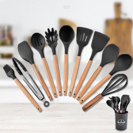 Set Of 12 Silicone Utensils Set Wooden Cooking Kitchen Baking Cookware Au  Stock