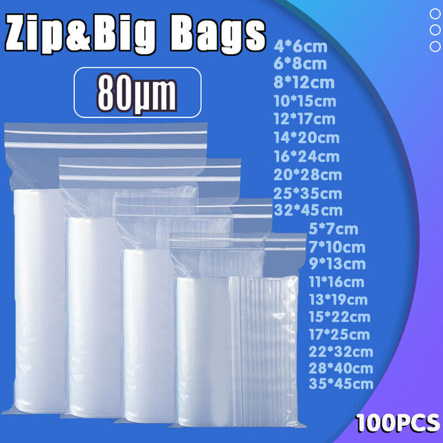 100X Bulk Clear Resealable PE Plastic Zip Bags