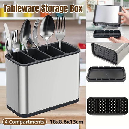 4Compartments Stainless Steel Cutlery Holder Chopsticks Storage Organizer Bucket