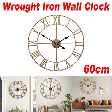 Home Retro Living Room Wrought Iron Wall Clock Nordic Decorative Clock Round Rome Mute Clock