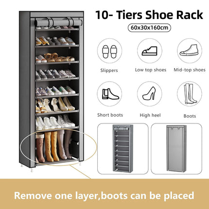 10 Tier Black Shoe Rack Dustproof Organiser Shoe Storage Cabinet for Home Use