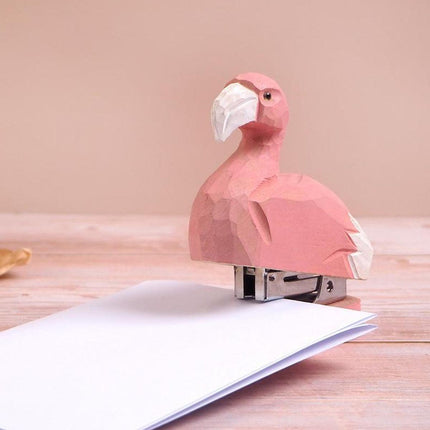 Mini Wooden Flamingo Stapler Cute Animal Carving Office Desk Accessory Tool