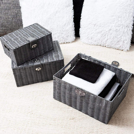 Rattan Storage Basket 3pcs Woven With Lid Natural Household Toys Snack Organizer