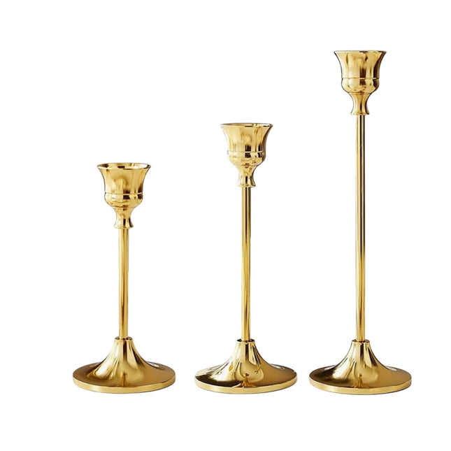3 Pcs Vintage Candlesticks Set in Gold Metal with Different Heights