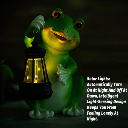 Realistic Frog Resin Sculpture with Solar Lantern for Garden and Yard