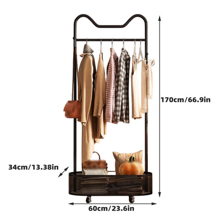 Moveable Clothes Rack 60x34x170cm Metal Frame Mesh Basket Hooks Wheels for Home