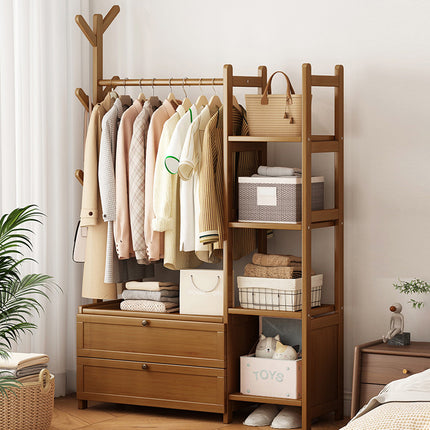 Bamboo Floor-Standing Clothes Rack with Drawers and Hooks Multi-Purpose Durable
